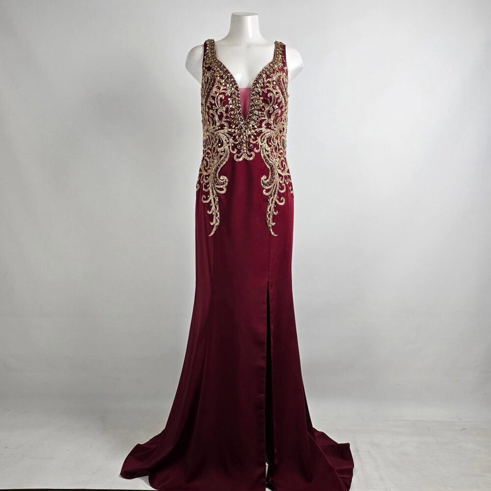 Splash Marsalla & Gold Ebroidered Beaded Eventwear Gown Size 14